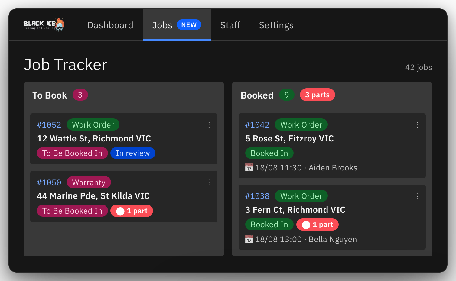 Job Tracker board with To Book and Booked lanes, parts badges and review tags on each job card