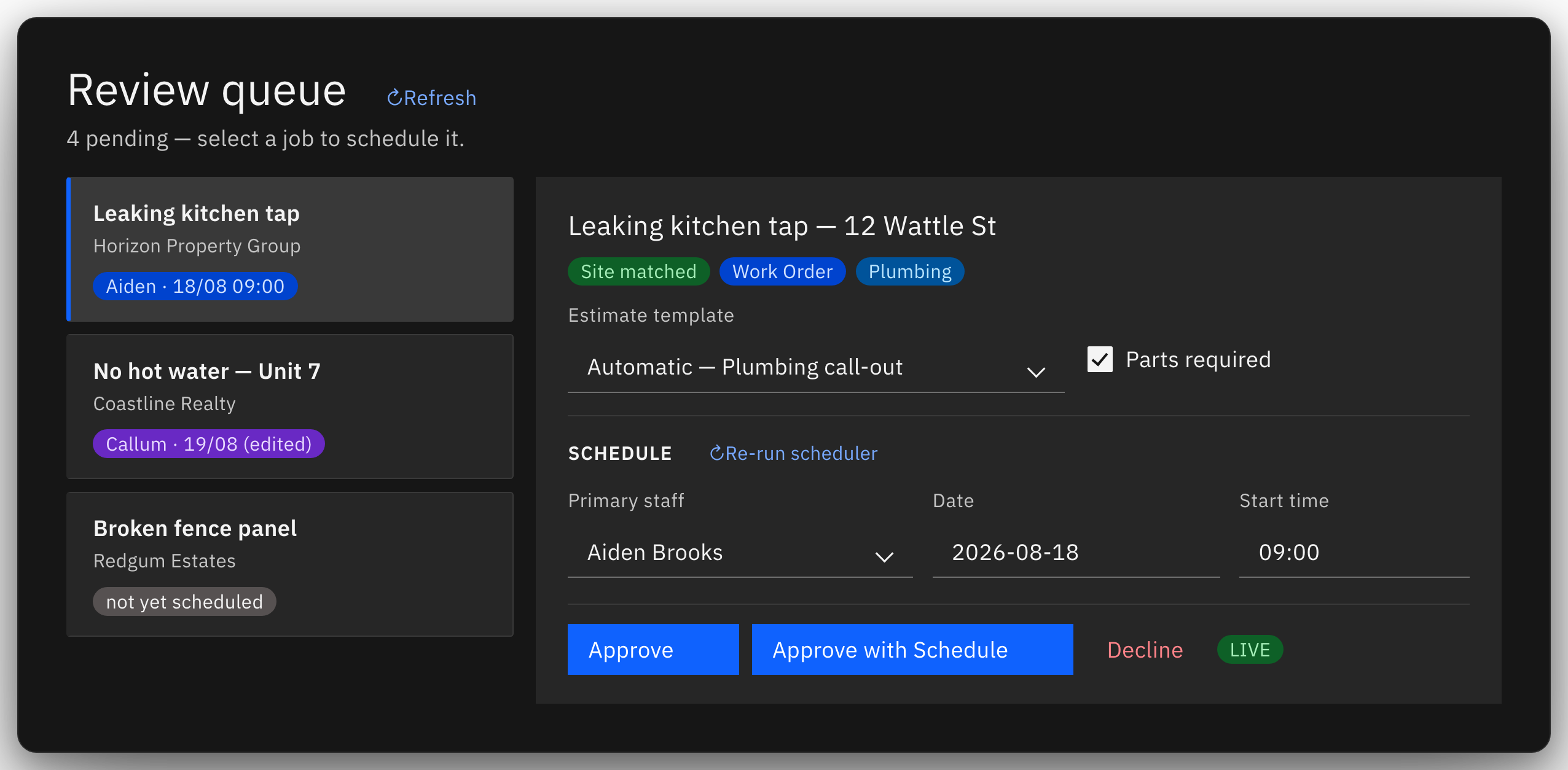 Black Ice review queue showing a matched job with estimate template, suggested tech and time, and Approve with Schedule buttons