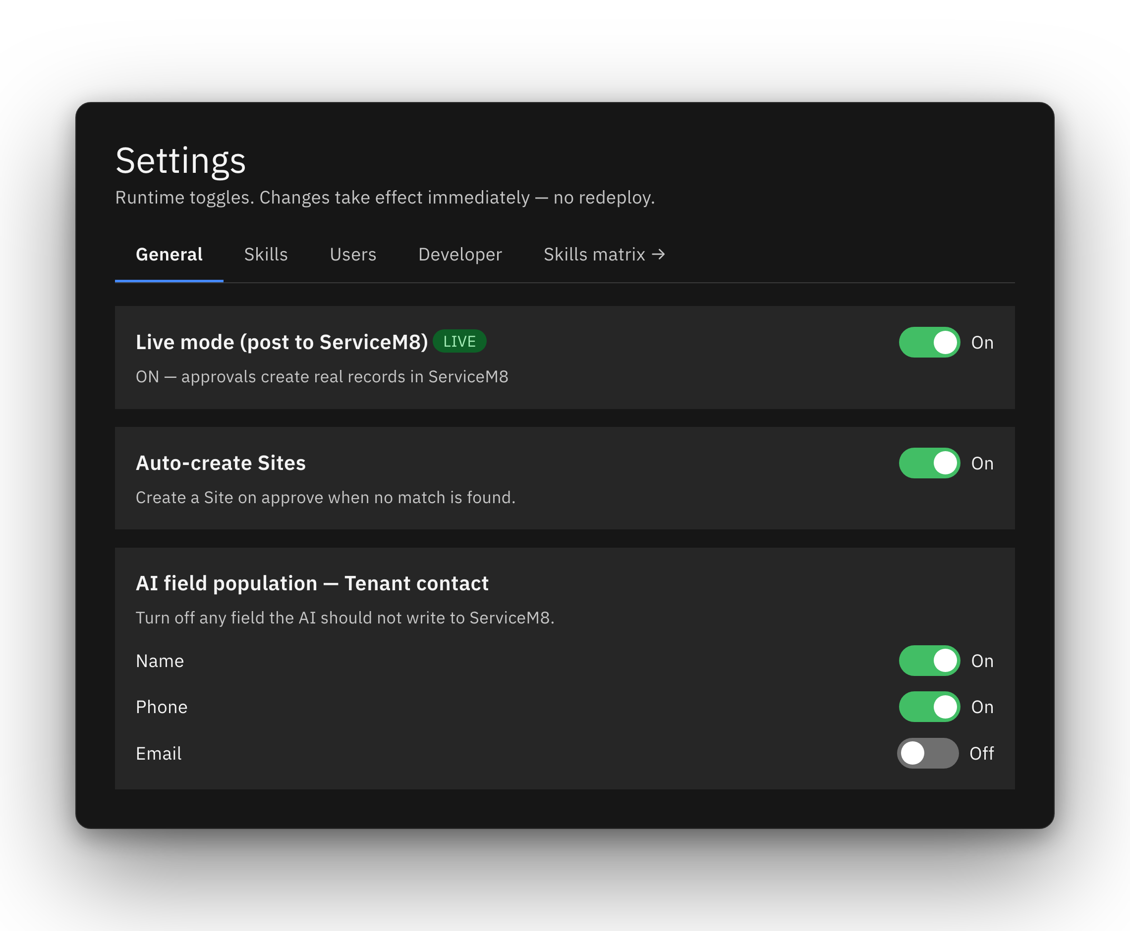 Settings screen with the Live mode toggle switched on and per-field AI switches — Name and Phone on, Email off